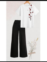 White colour shirt( aesthetic flower) print with black wide leg jeans